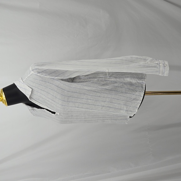 Saks Fifth Avenue Linen White Blue Striped Collared Button Tab Roll Sleeve Top M - Picture 4 of 10